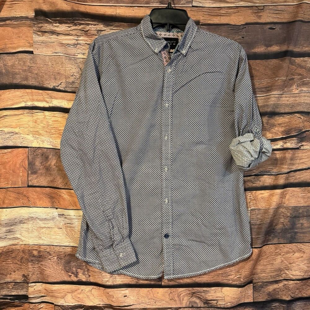 Tranquility Mayhem Mens S Button-Down Shirt Casual Long Sleeve Blue Patterned